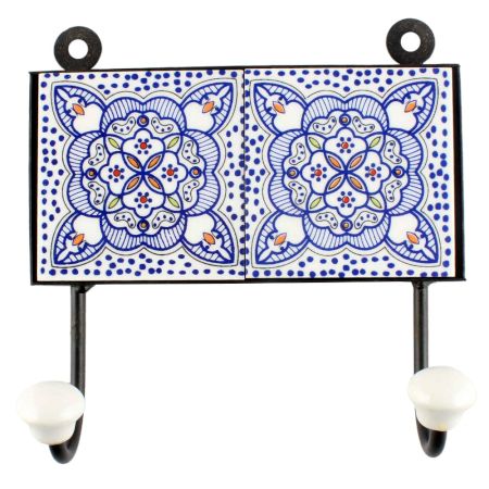 Ceramic Floral Tile Hook in Blue And White